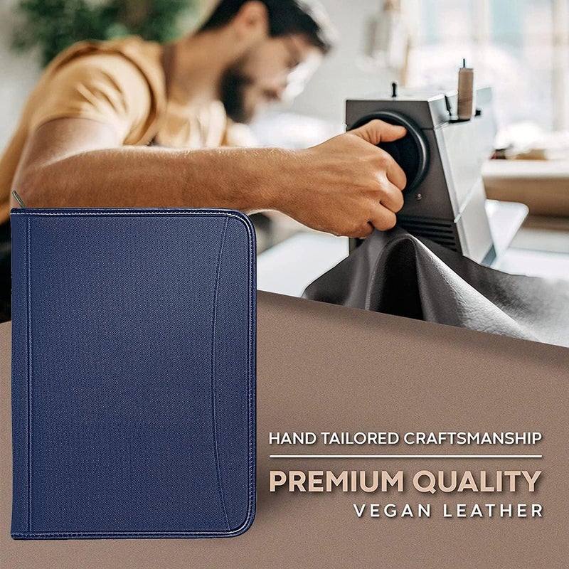 Gorbado Zippered Portfolio Organizer/ A4 Refillable Lined Writing Notepad Folder Case/Fabric-Covered Padfolio Binder with Interior Storage Pocket for Men Women, Navy Blue - Image 3